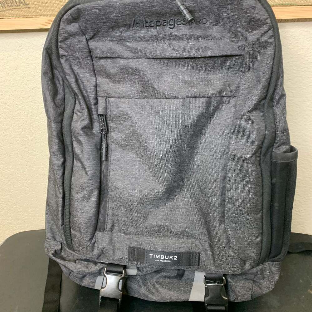 Timbuk2 Authority Laptop Backpack Gray Static with Whitepages PRO Logo
